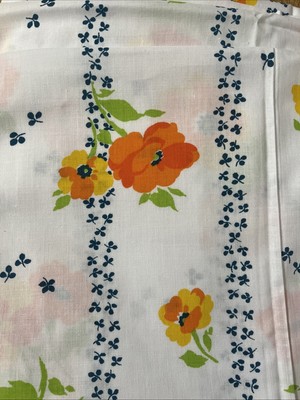 Dan River Dantrel Full Flat Sheet 1970s Retro Orange Yellow Floral Blue Stripe