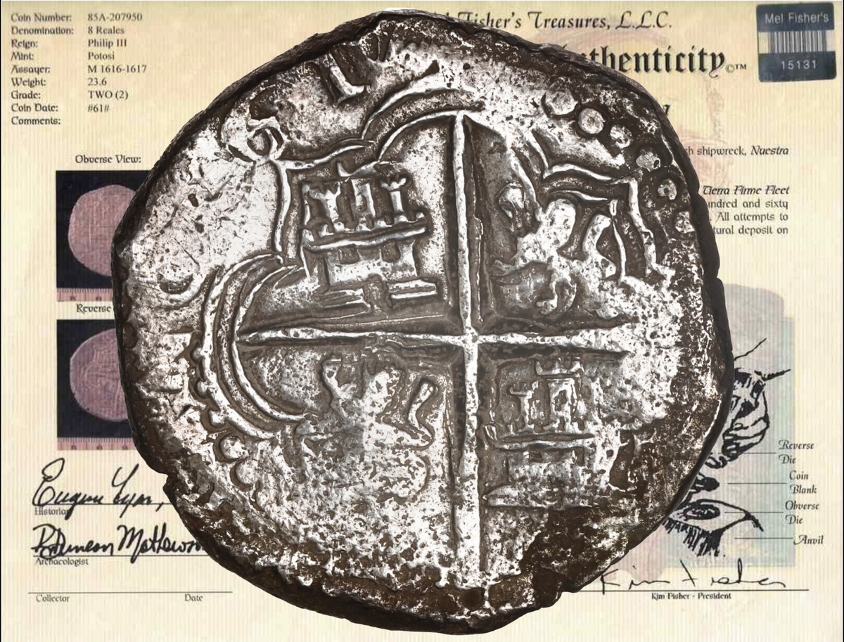 DATED 1617 ATOCHA 1622 SHIPWRECK MEL FISHER COA BOLIVIA 8 REALES