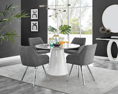 Palma White Marble Effect Round Dining Table Falun Black/Silver Leg  Chairs UK