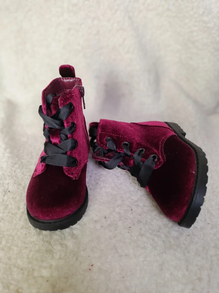 Cat & Jack Baby Girls Boots 7 Burgundy Velvet Lace Zip Up Ankle Booties Shoes - Image 4 of 4
