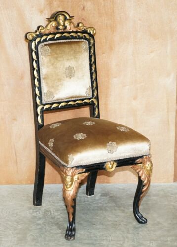 FOUR RESTORED ANTIQUE VICTORIAN HEAVILY CARVED EBONISED GOLD GILT DINING CHAIRS - Picture 2 of 12