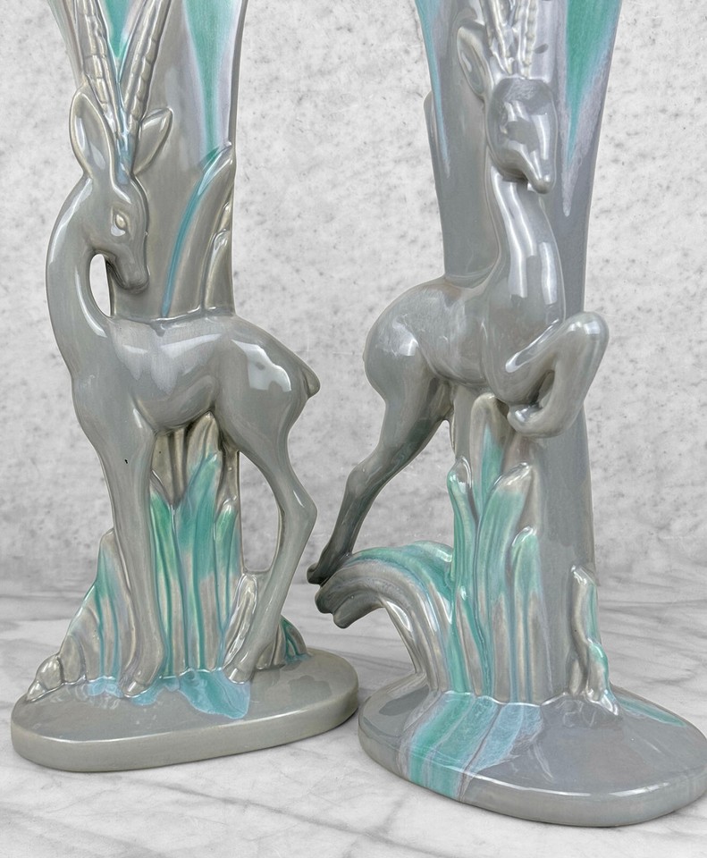 MidCentury Art Deco Gray Drip Glaze Porcelain Gazelle Vase A Pair eBay