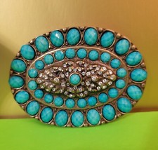 Belt Buckle Western Faceted Faux turquoise stones  Rhinestones Beautiful 4" Gc