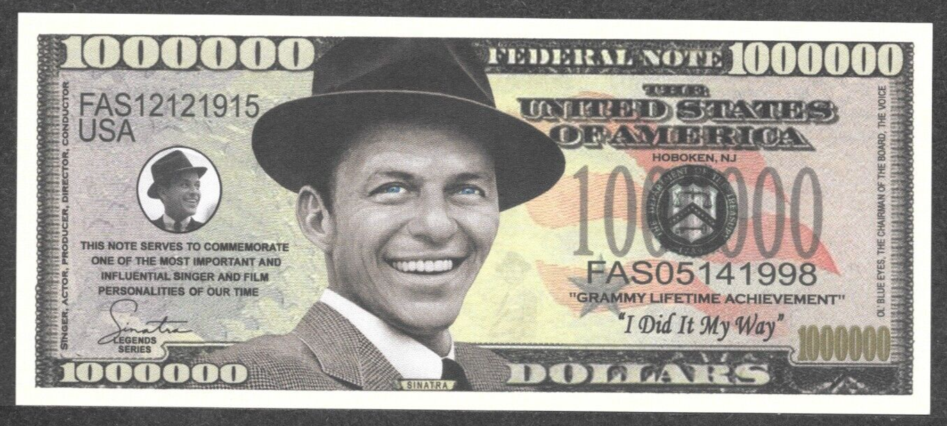 Sinatra $1 Million Bill Note, display w/ Select or Century Jack Daniels bottle