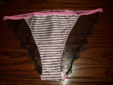 NWT Victoria's Secret SATIN STRING CHEEKY w LACE PANTIES 399873 PINK STRIPE XL