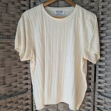 Vtg Cream Cable Knit Short Sleeve Sweater Top Made in USA Womens M Minimalist