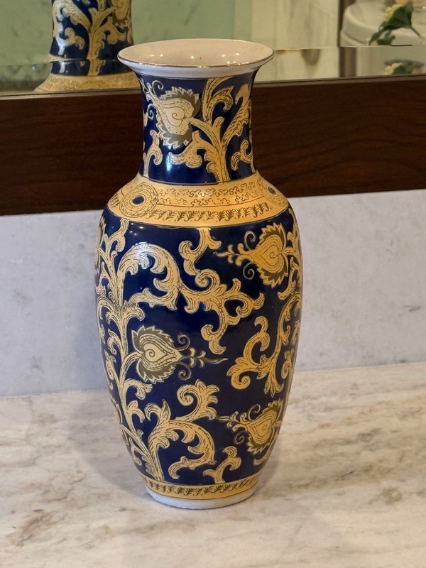 Sèvres Inspired Cobalt Blue & Gold Porcelain Vase w Scrolling Foliage 12.5" Tall