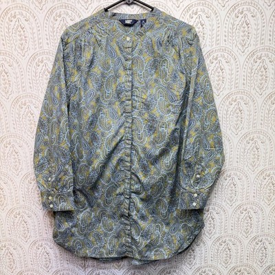 Lands' End Tunic Top Womens 1X Green Blue Paisley Button Down Cotton Blouse