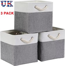 3 Pack Canvas Storage Boxes 33*33*33cm Fabric Baskets for Shelves Closet UK