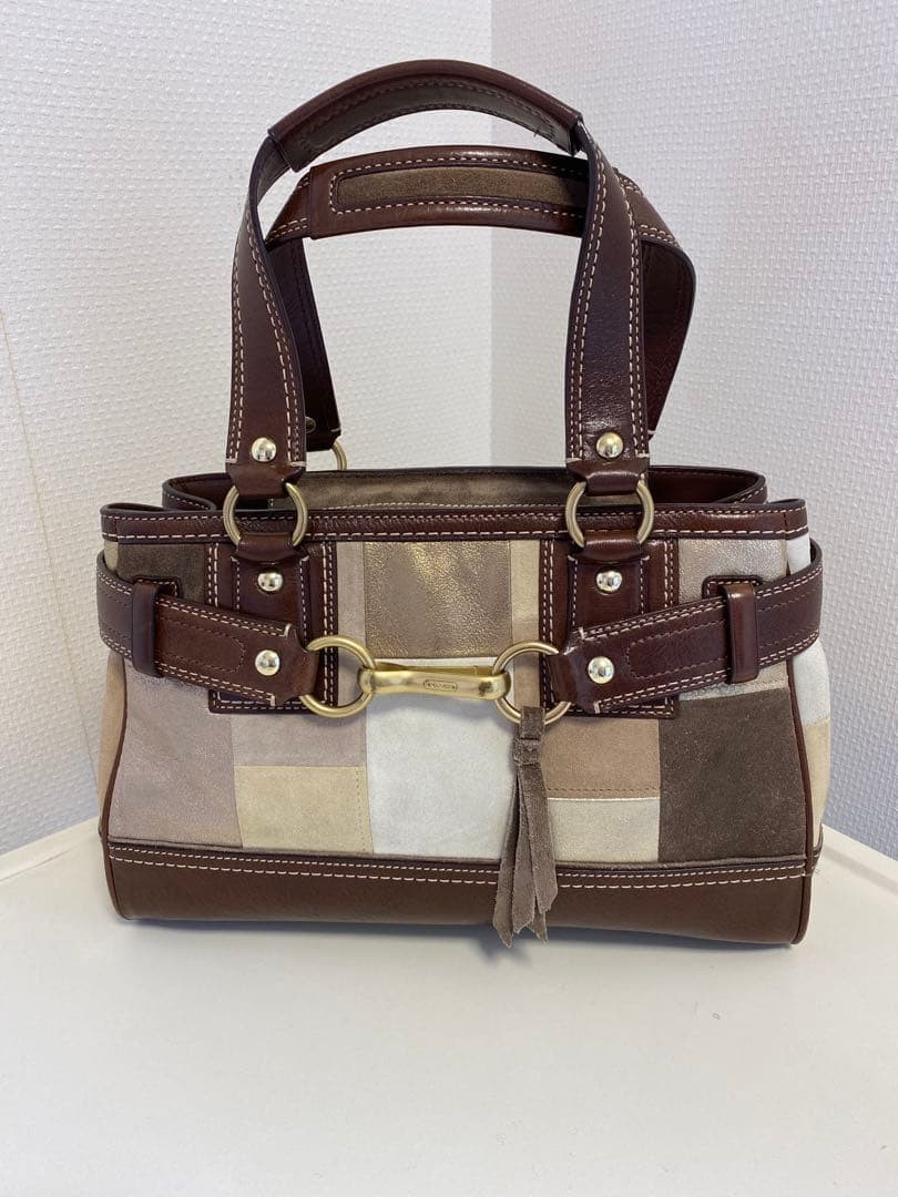 Patchwork Hampton Bag COACH Suede Leather Beige G… - image 8