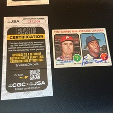 Autographed 1973 Topps  STEVE CARLTON & LUIS TIANT  leaders.  HOF.      JSA CERT
