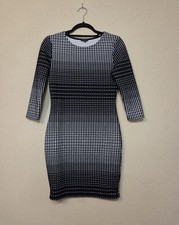 River Island Dress Womens UK 10 Black White Geometric Bodycon 3/4 Sleeve Stretch