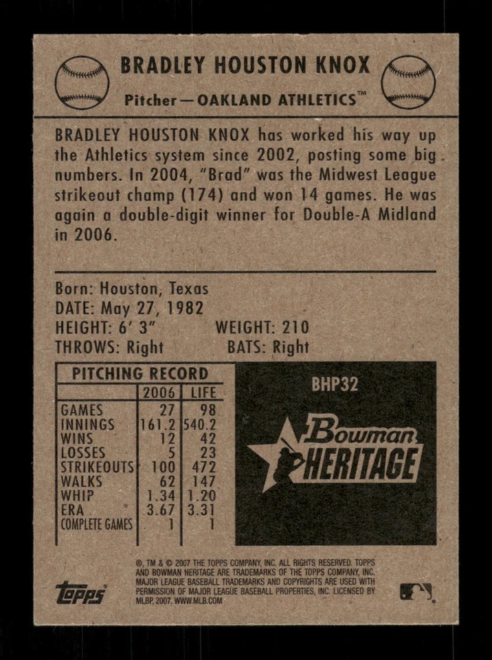 Brad Knox Autographed 2007 Bowman Heritage Prospects Card #32 Oakland Athletics - Image 2 of 2