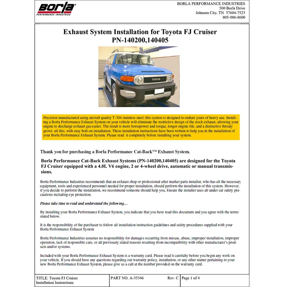 Escape trasero Borla 140405 Touring Cat para Toyota FJ Cruiser 2010-2014 4,0 L V6 Foto 4 de 4