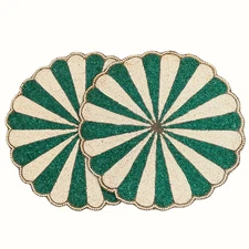 Tiramisu Glass Beaded Placemats 15in Green & Cream Candy Stripe Set of 2 NEW