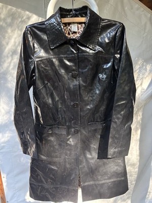 90s Rare WDNY PU Shiny Leather Raincoat Black Long Overcoat Size 4 Leopard