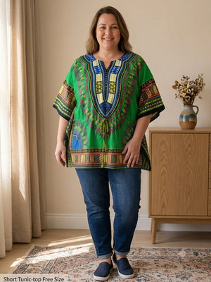 Vintage Santé Dashiki Kaftan Tunic Top Multicolor Boho Fringe Hem One Size