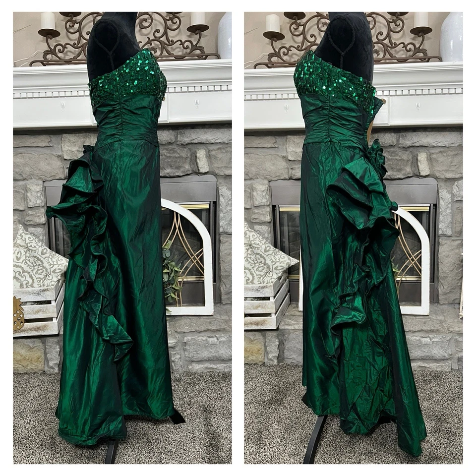 Vestido De Colección Años 90 Baile de graduación Alfred Angelo XS Verde Lentejuelas Volantes Acanalado Gótico Oscuro Romance Foto 4 de 4