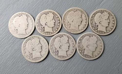 1900s Circulated Barber Quarters, Circulated With Wear, Lot Of 7