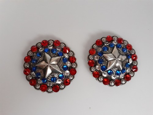 2 pc 1 1/2" crystal bling bridle BERRY concho set conchos RED WHITE BLUE - Picture 4 of 4