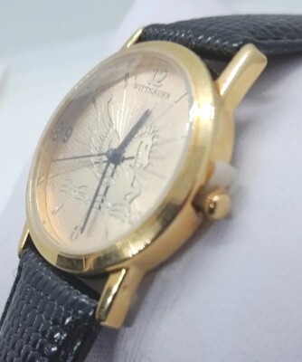 Vintage Men Wittnauer Pegasus Watch Gold Case Black Leather  display picture 3