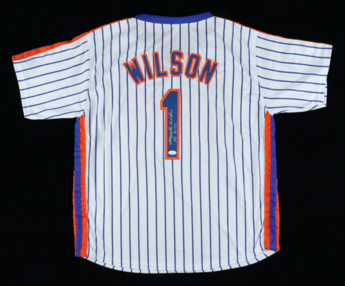 "Camiseta deportiva firmada por Mookie Wilson de los New York Met a rayas con inscripción ""86 WSC"" (Certificado de autenticidad JSA) - Imagen 1 de 6