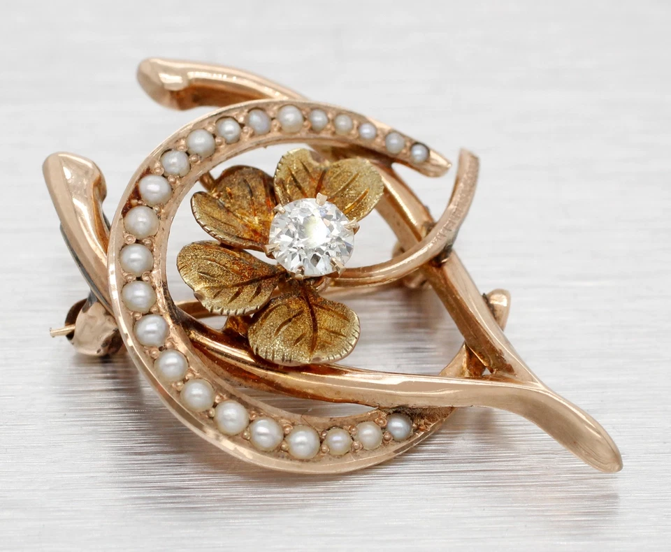 Антикварная брошь на булавке в стиле модерн Lucky из розового золота 10 карат с подковой и поперечным рычагом - Изображение 2 из 4