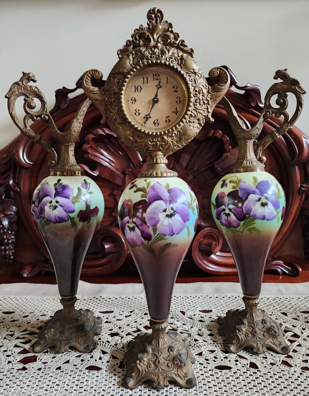 19th Century Hand Painted Cast and Glass Mantel Clock and ewer garnitures Set