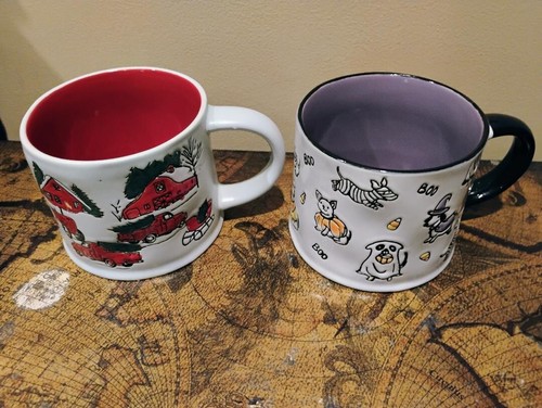 LOT of TWO Christmas & Halloween Theme Mugs 4" x 3 1/2" high MINT FREE SHIPPING! - Picture 1 of 3
