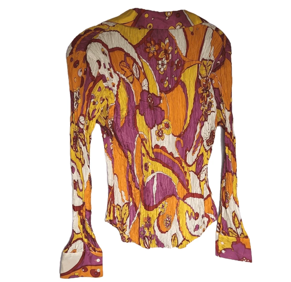Rare Pleated Silkland 100% Silk Groovy 70s Collared Blouse Sz L - Image 2 of 4