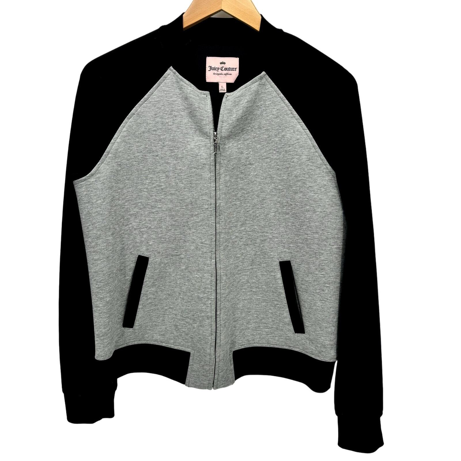 Juicy Couture Jacket Womens Large Gray Black Full Zip Logo Back + Pockets Crop