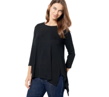 Attitudes by Renee Casknit Casa Comfy Side Dip Tunic Top in Black XS A489346