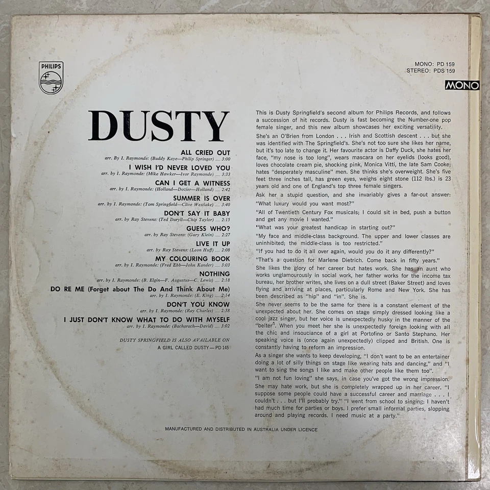 Dusty Springfield: Dusty (Vinyl, 1964 AUS, Mono, LP, VG) - PD 159 - Image 2 of 4