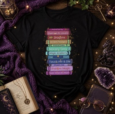 Fantasy Trope Book Stack T-Shirt, Romantasy Reader Apparel Fae Dragons Tee