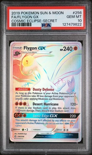2019 POKEMON SUN & MOON COSMIC ECLIPSE SECRET #256 FULL ART/FLYGON GX PSA 10