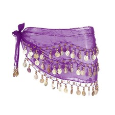Belly Dance Hip Scarf 55x10" with 98 Gold Coin, Dark Purple