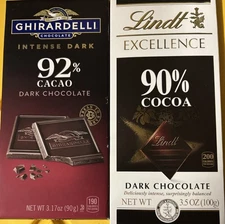 LOT OF 2 GHIRADELLI & LINDT DARK CHOCOLATE BARS -  92% & 90%