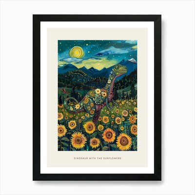 Gerahmtes Wandbild Poster Leinwanddruck Bild Dinosaurier im Sonnenblumenfeld