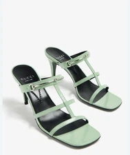 Gucci Regent Slim Horsebit 38.5/ 8.5 Heel Sandals Pacific Green Leather NIB $990