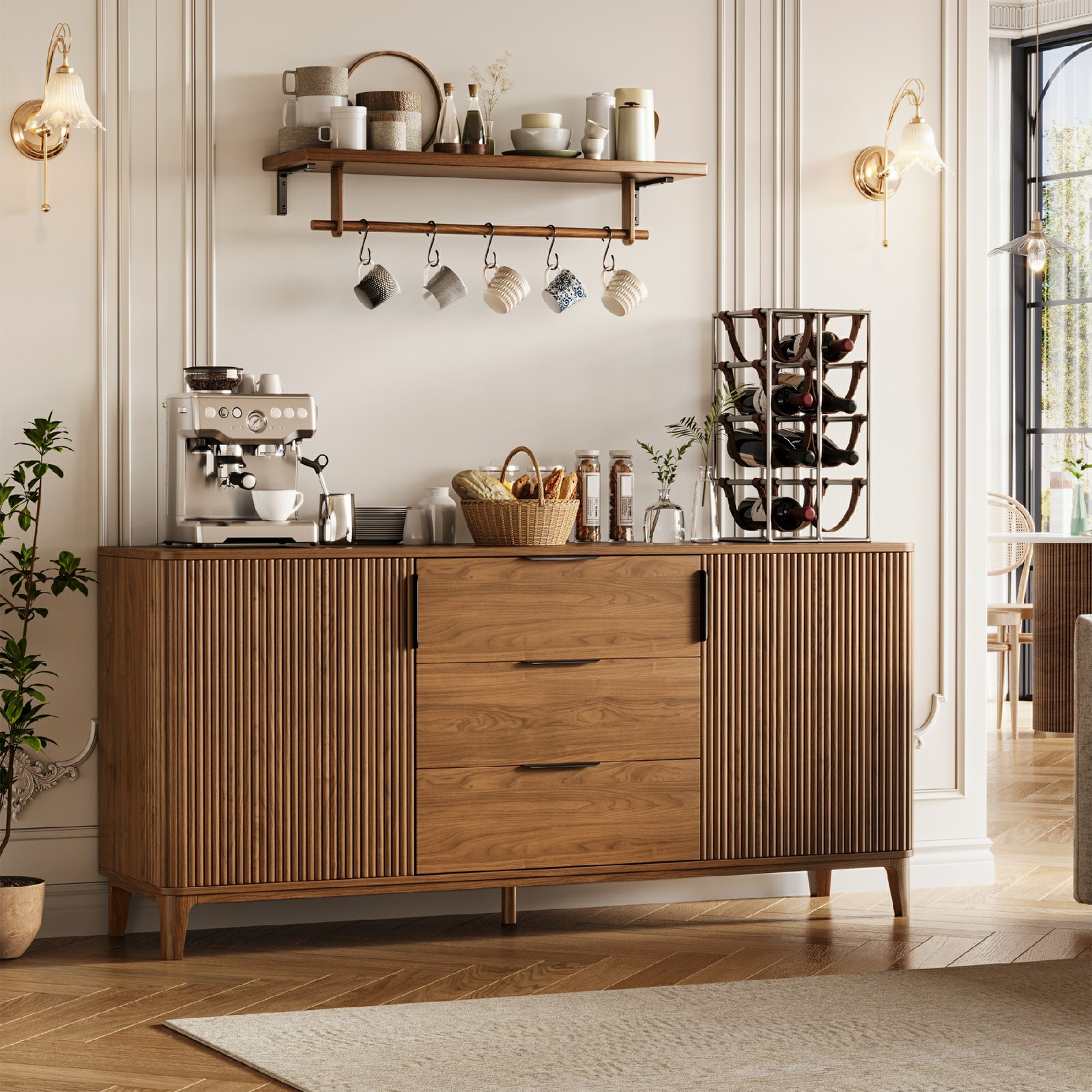 Sideboard Buffet Cabinet, 59" Fluted Storage Cabinet with 3 
