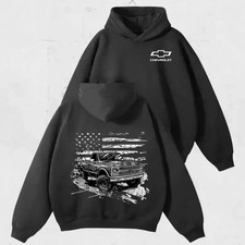 American Flag Chevy Truck Hoodie   Vintage Square Body Pullover
