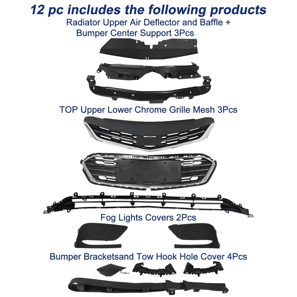Front Bumper Cover Upper Lower Grille Grill For 2016-2018 Chevrolet Chevy Cruze Foto 3 de 4