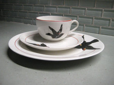 3 pc Antique Child's Dish Set Red Winged Blackbird Stinthal China Crooksville