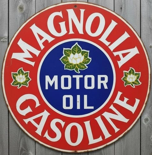 Magnolia Motor Oil & Gasoline 8" Diameter Vintage Novelty Metal Sign Made In USA