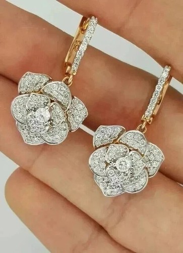 2CT Round Cut Moissanite Diamond Art Deco Dangle Earrings 14K Yellow Gold Plated - Picture 2 of 10