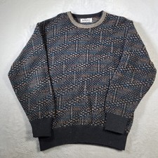 Jantzen Sweater Mens S Black Multi Color Geometric Knit Vintage Dad Made in USA