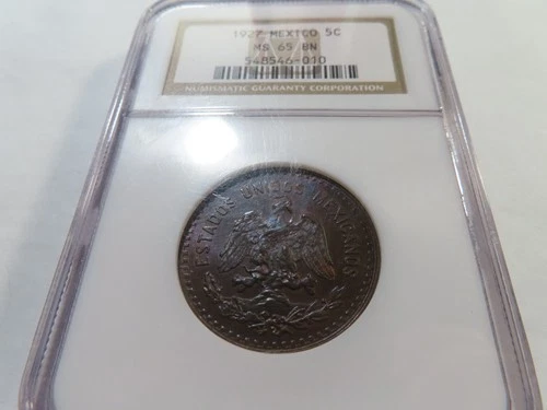 D11 Mexico 1927 5 Centavos NGC MS-65 Brown Light Blue Toning