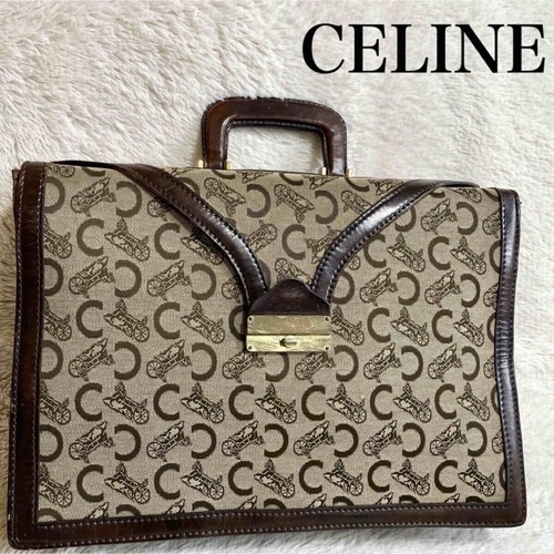 CELINE C Macadam Horse Carriage Canvas Leather Briefcase Bag Brown Vintage 43cm