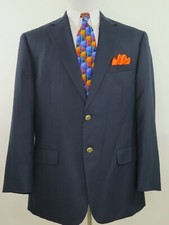 Stafford Essentials Wool Blend Blue Gold Buttons Blazer Jacket Sport Coat 44 R