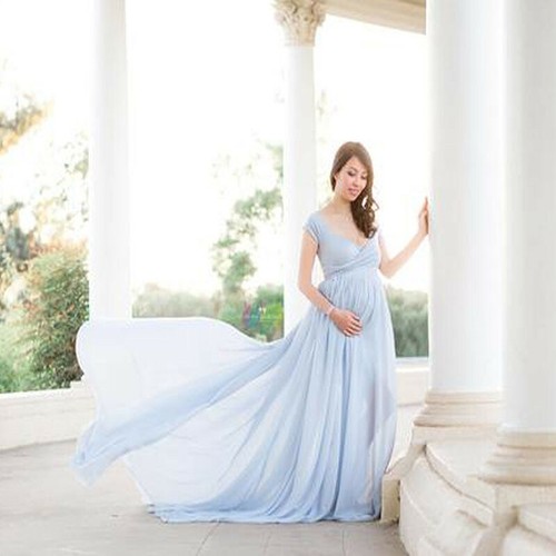 Elegant Maternity Dresses for Photo Shoot Sexy V Neck Off Shoulder Maxi Gowns - Picture 2 of 17